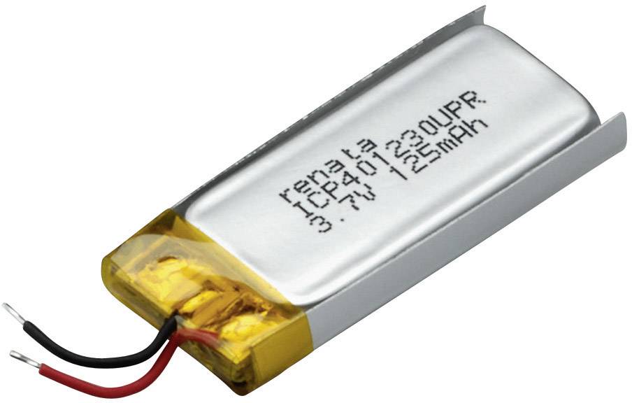 Obdélníkový lithium-polymerový akumulátor s žlutým obalem na jednom konci, dva vyčnívající vodiče, stříbrný povrch s textovými detaily.