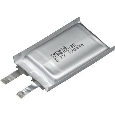 Stříbrná plochá lithium-polymerová baterie s vytištěnou kapacitou 190 mAh a dvěma připojovacími pásky.