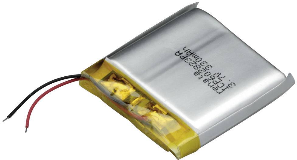 Obdélníkový lithium-polymerový akumulátor se dvěma vyčnívajícími vodiči, vhodný pro elektronická zařízení.