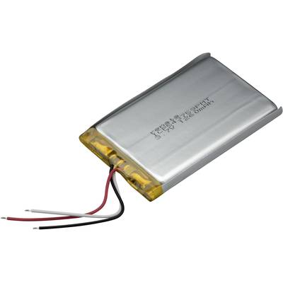 Obdélníkový lithium-polymerový akumulátor se třemi vyčnívajícími vodiči v červené, černé a bílé barvě.