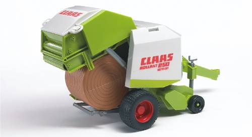 Model hracího stroje Claas Rollant 250 kulaté lisovací soupravy v světle zelené a bílé barvě, zobrazující náklad sena, na bílém povrchu.