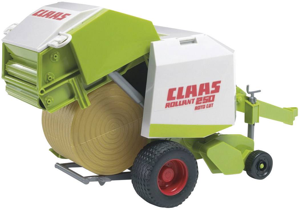 Model hračkového traktoru s rotačním balíkem, převážně v zelené a bílé barvě, s nápisem 'CLAAS Rollant 250'.