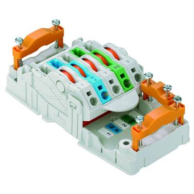Vícepolový elektrický jistič s barevně rozlišenými pákami v červené, zelené a modré barvě a plastovými držáky.