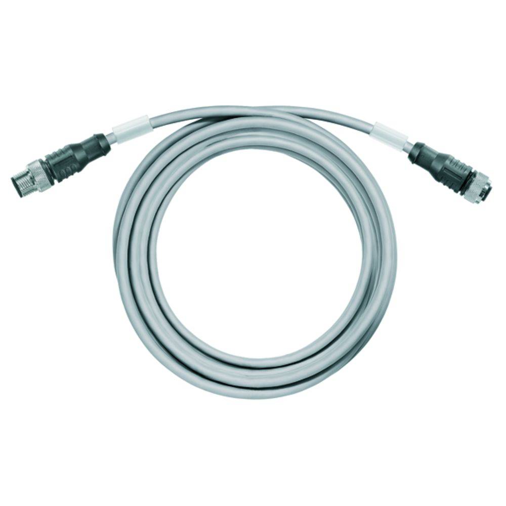 Šedý spirálovitě stočený kabel s konektory na obou koncích, vhodný pro průmyslové aplikace nebo připojení strojů.
