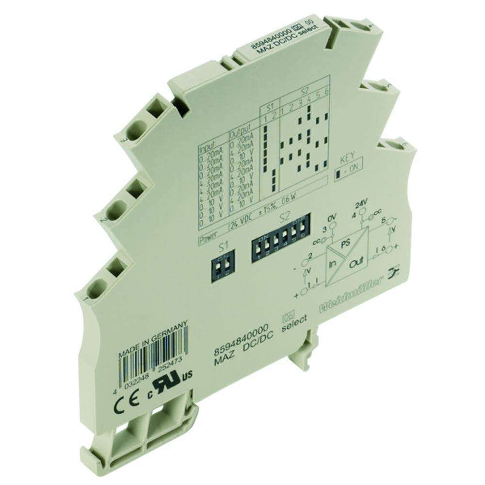 Řadové zařízení s více přípojkami, polohami spínačů a vytištěnými technickými specifikacemi. Model MAZ DC/DC 8504840000.