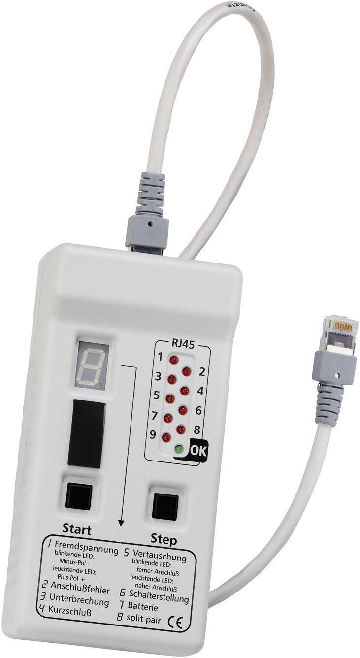 Kabelový tester s několika LED diodami pro indikaci testování připojení. Obsahuje konektory pro RJ45 kabely a zobrazuje kroky připojení.