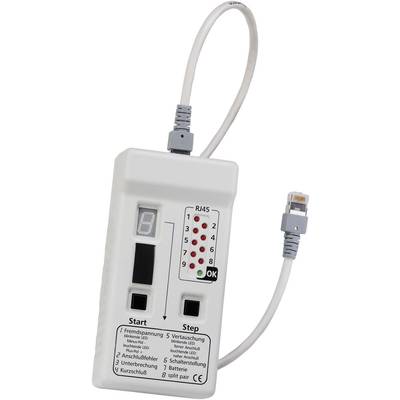 Kabelový tester s několika LED diodami pro indikaci testování připojení. Obsahuje konektory pro RJ45 kabely a zobrazuje kroky připojení.
