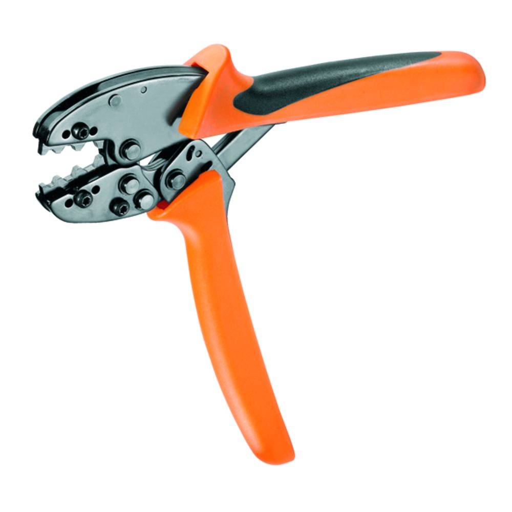 Na obrázku je vidět oranžové lisovací kleště s ergonomickou rukojetí. Používají se ke spojování kabelů a konektorů.