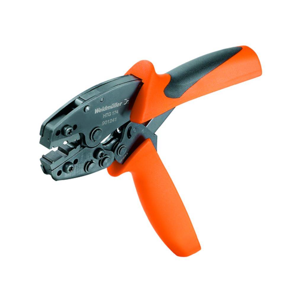 Krimpovací nástroj v černé a oranžové barvě. Používá se k bezpečnému spojování kabelů a konektorů, ergonomický design.