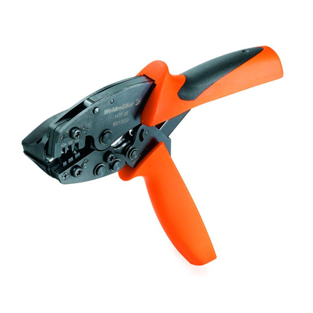 Červeno-černé krimpovací kleště s ergonomickou rukojetí, které se používají pro zpracování kabelových ok nebo konektorů.