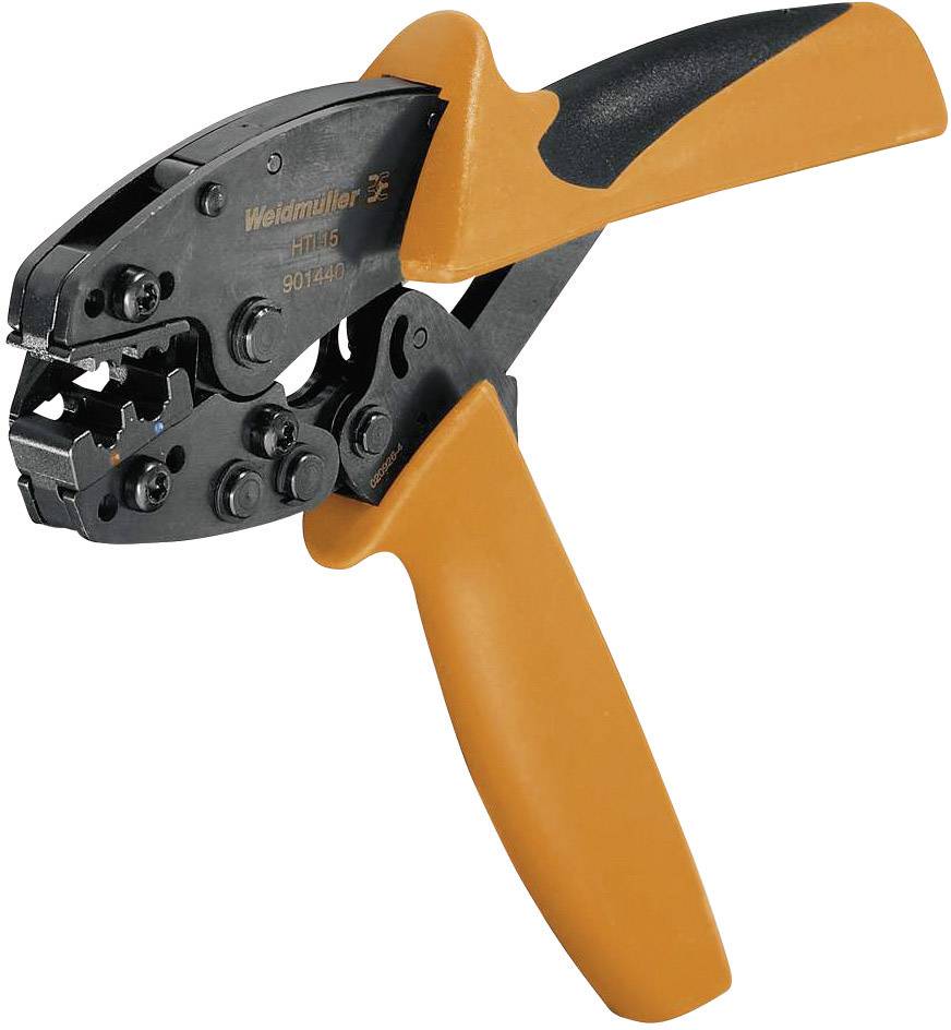 Oranžovo-černé lisovací kleště určené pro připojování kabelových konektorů. Mají ergonomický design.