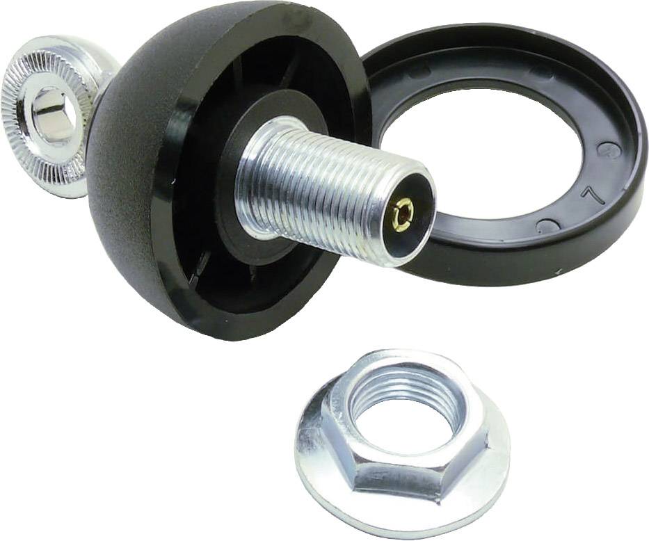 Kovový svorník s plastovou a kovovou podložkou a maticí, vhodný pro mechanické upevnění.
