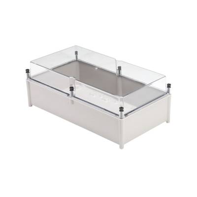 Transparentní plastový kontejner s šedou spodní vanou a vyjímatelnými krycími deskami. Vhodný pro malá zvířata nebo laboratorní použití.