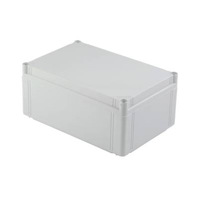 Bílý pravoúhlý plastový box se zaoblenými rohy; slouží jako kryt pro elektrotechniku nebo podobné aplikace.