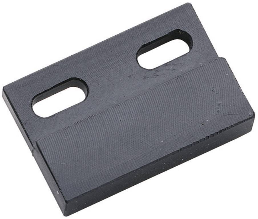 Černý pravoúhlý kovový blok se dvěma oválnými otvory, používaný k upevnění nebo stabilizaci v mechanických aplikacích.