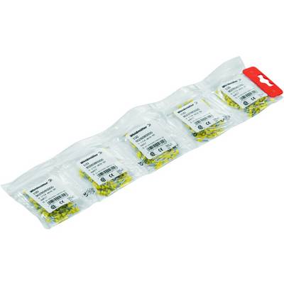 Sáček se žlutými kabelovými konektory od společnosti Weidmüller na bílém pozadí. Produktový štítek a označení CE jsou viditelné.