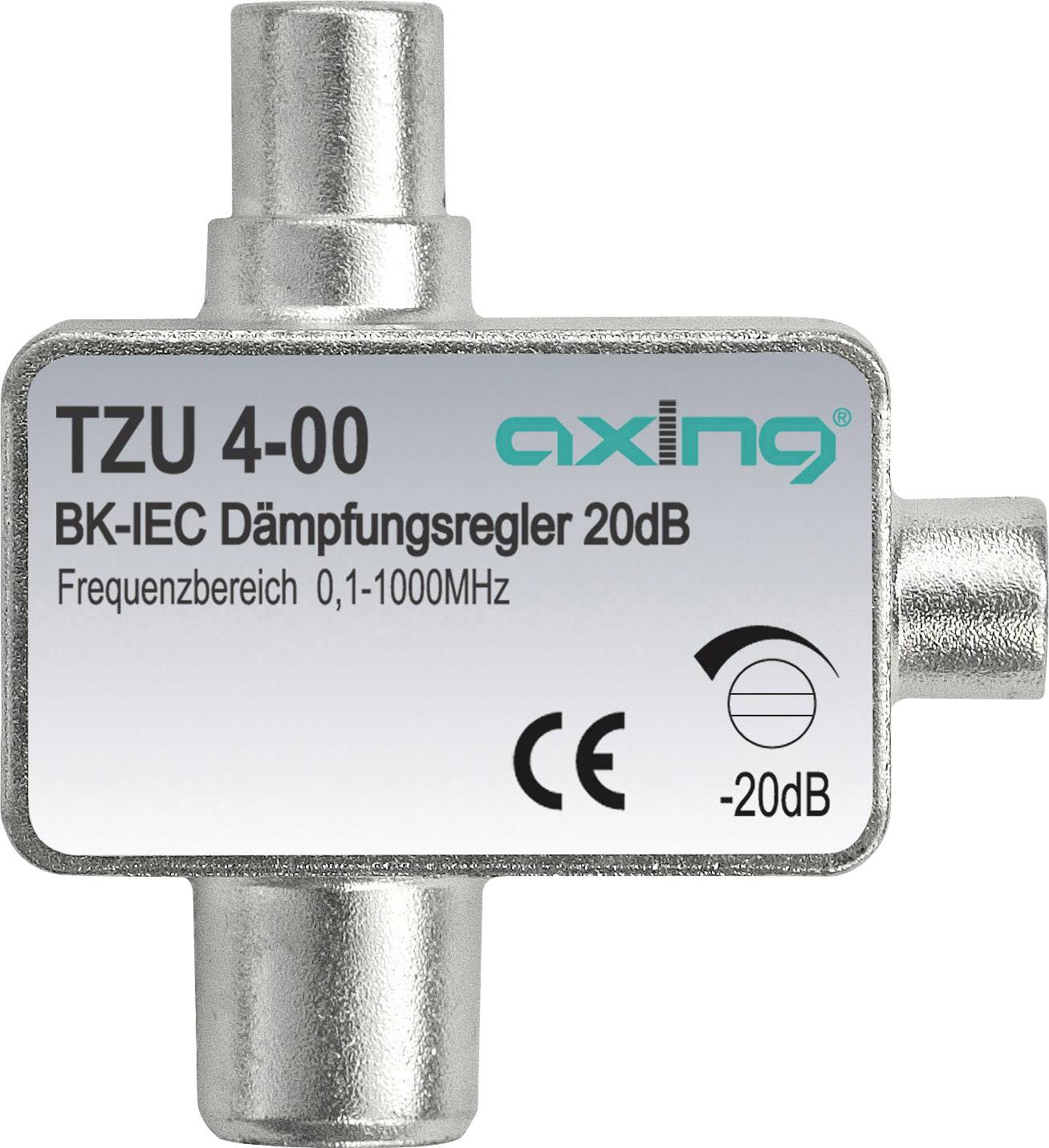 Útlumový regulátor od Axingu, model TZU 4-00, snižuje úroveň signálu o 20 dB. Frekvenční rozsah: 0,1-1000 MHz. Certifikováno CE.