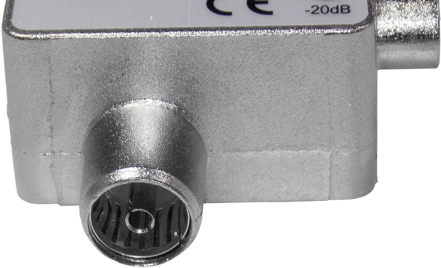 Malá, stříbrná elektrická součástka s anténním konektorem a označením '-20dB', používaná pro zesílení signálu.