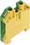 Žlutá a zelená elektrická komponenta, pravděpodobně svorkovnice nebo konektor, s otvory pro připojení kabelů.