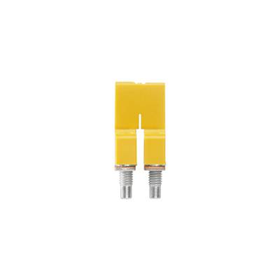 Žlutý držák tavné pojistky, obdélníkový tvar, se dvěma kovovými kolíky na spodním konci pro instalaci do elektrického obvodu.