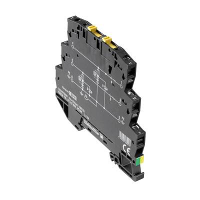 Černý elektronický modul se žlutými konektory. Na povrchu zobrazuje jednoduché schéma zapojení. Viditelné označení CE.