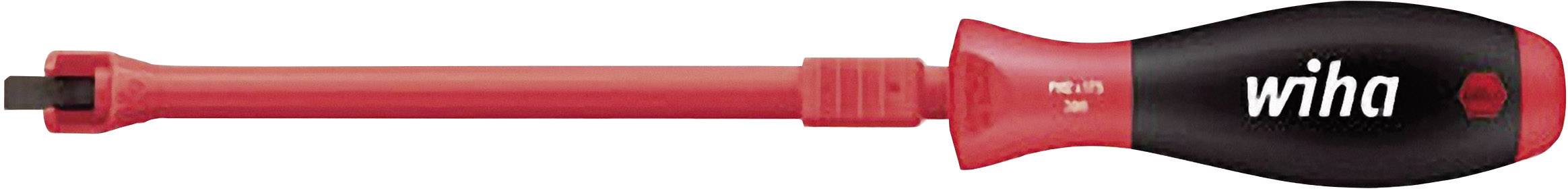 Elektrický šroubovák s červeným držadlem a černým povrchem, s nápisem 'wiha' a izolovaným ostřím pro bezpečnou práci.