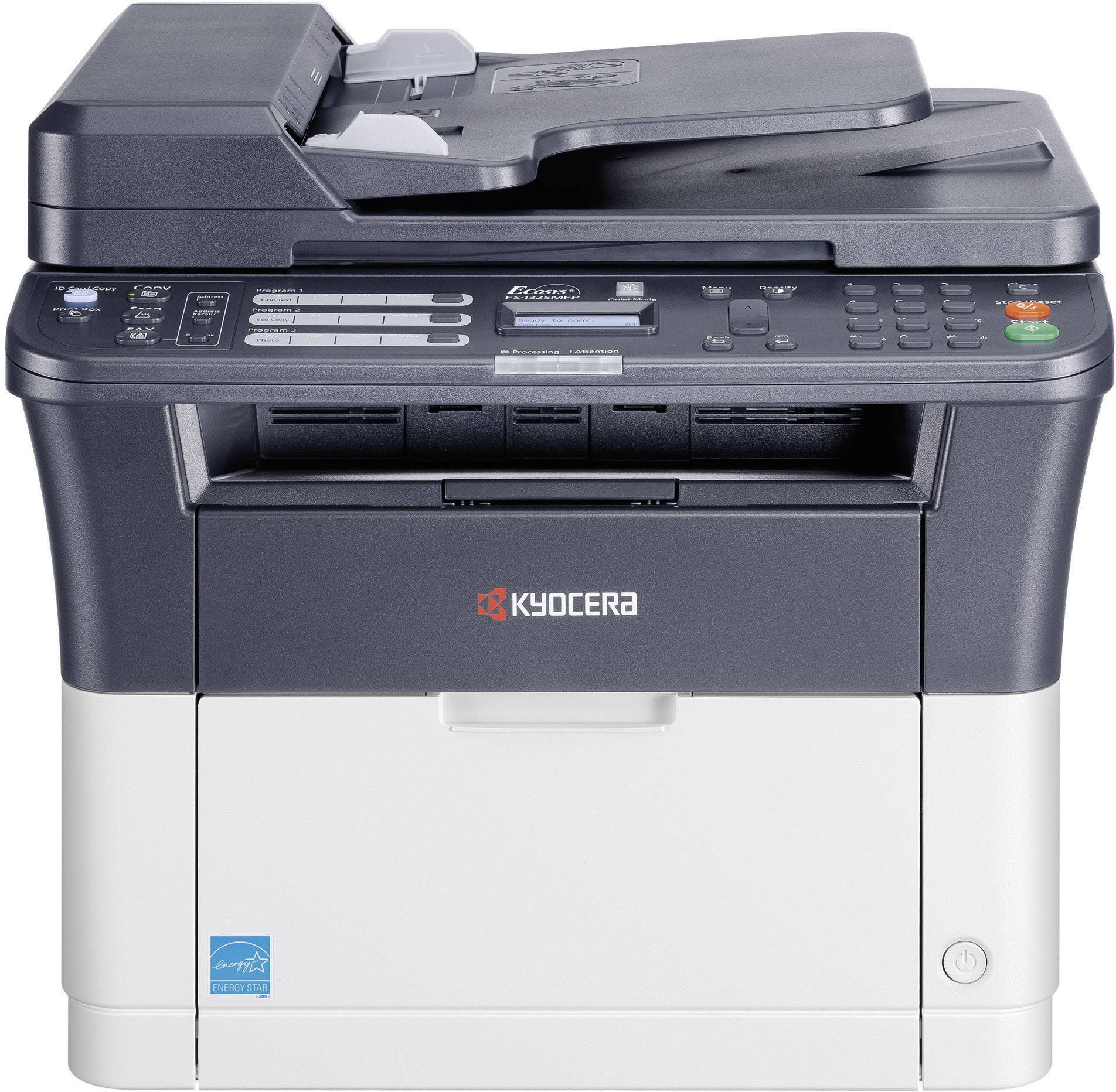 Černá multifunkční tiskárna Kyocera s ovládacím panelem nahoře, výstupním zásobníkem papíru uprostřed a spodním podavačem papíru.