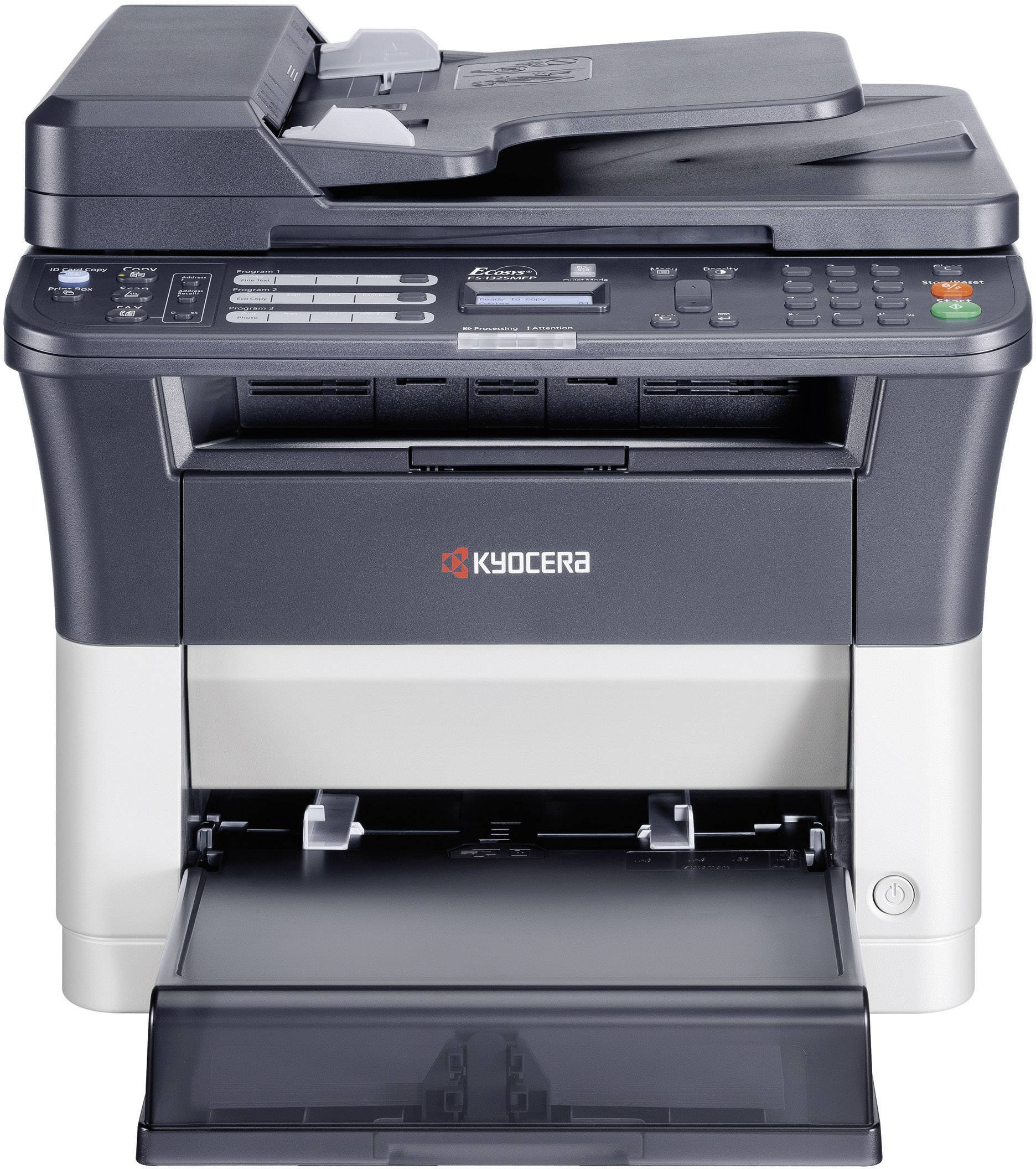 Multifunkční tiskárna s ovládacím panelem, zásobníkem papíru a scannerem nahoře. Model od společnosti Kyocera, vhodný pro kancelářské použití.