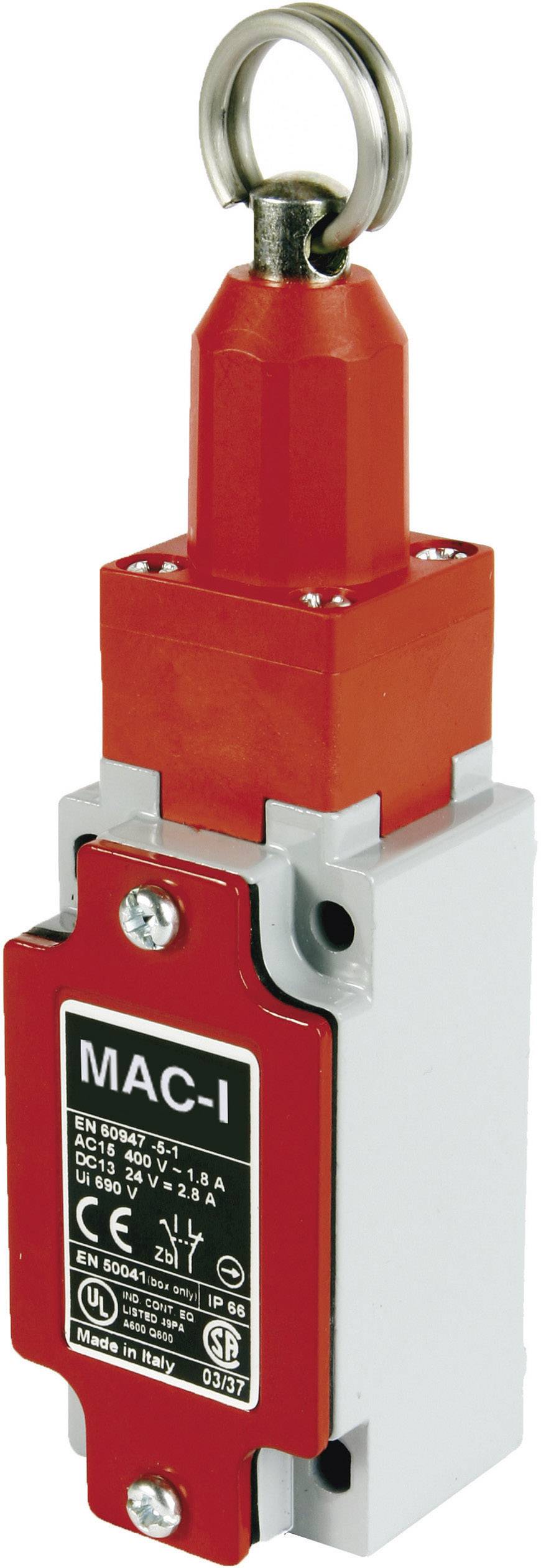 Červený bezpečnostní spínač s kovovým třmenem a označením CE; vhodný pro stroje nebo elektrická zařízení.