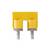 Žlutý konektor se dvěma šroubky, vhodný pro elektrické spoje nebo montážní účely.