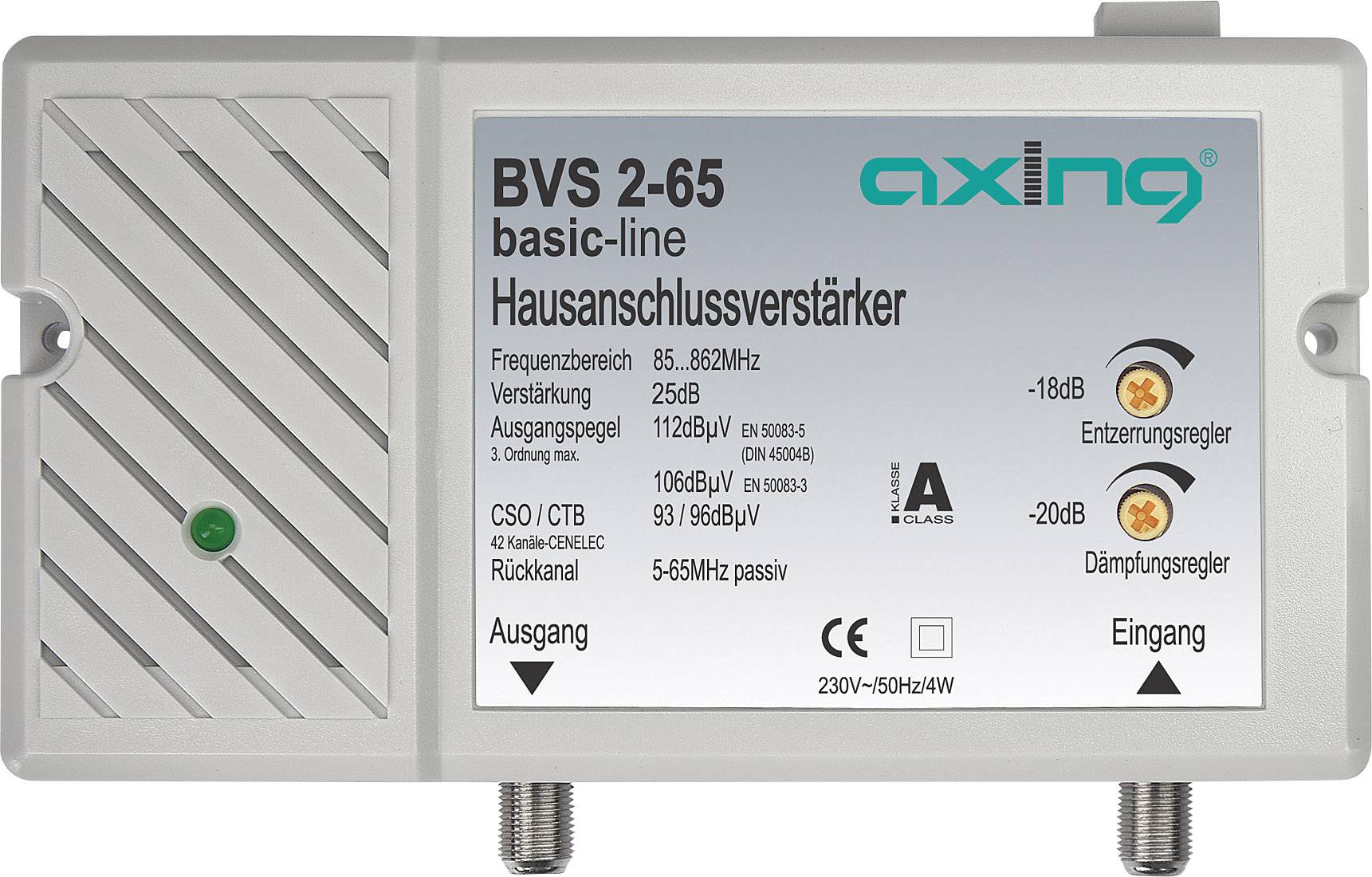 Domovní zesilovač BVS 2-65 se zesílením 25 dB a výstupní úrovní 112 dBμV, určený pro kabelové připojení. Výrobce: axing.