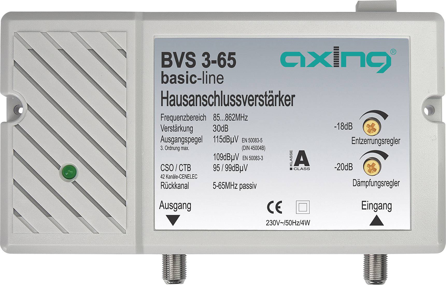 'Domovní zesilovač BVS 3-65' od Axingu, zesílení: 30 dB, frekvenční rozsah: 85-862 MHz, vstup: 230 V, energeticky úsporný produkt třídy A.