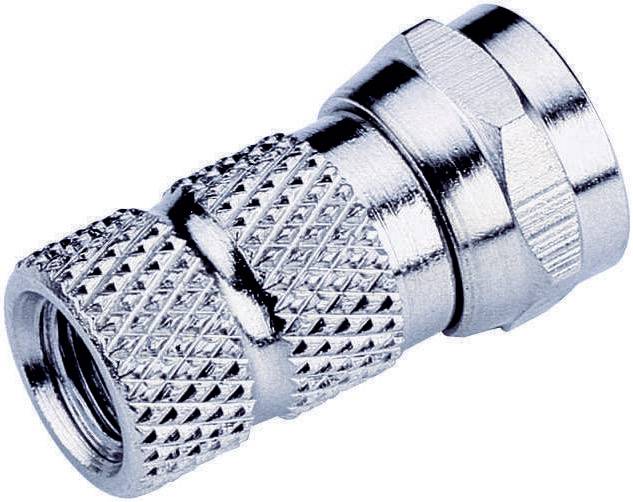 Stříbrný kovový konektor, pravděpodobně koaxiální konektor, s rýhovaným povrchem pro lepší úchop.