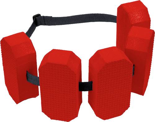 Červený plavecký pás s několika pěnovými bloky a černým páskem, který pomáhá při plavání ve vodě.