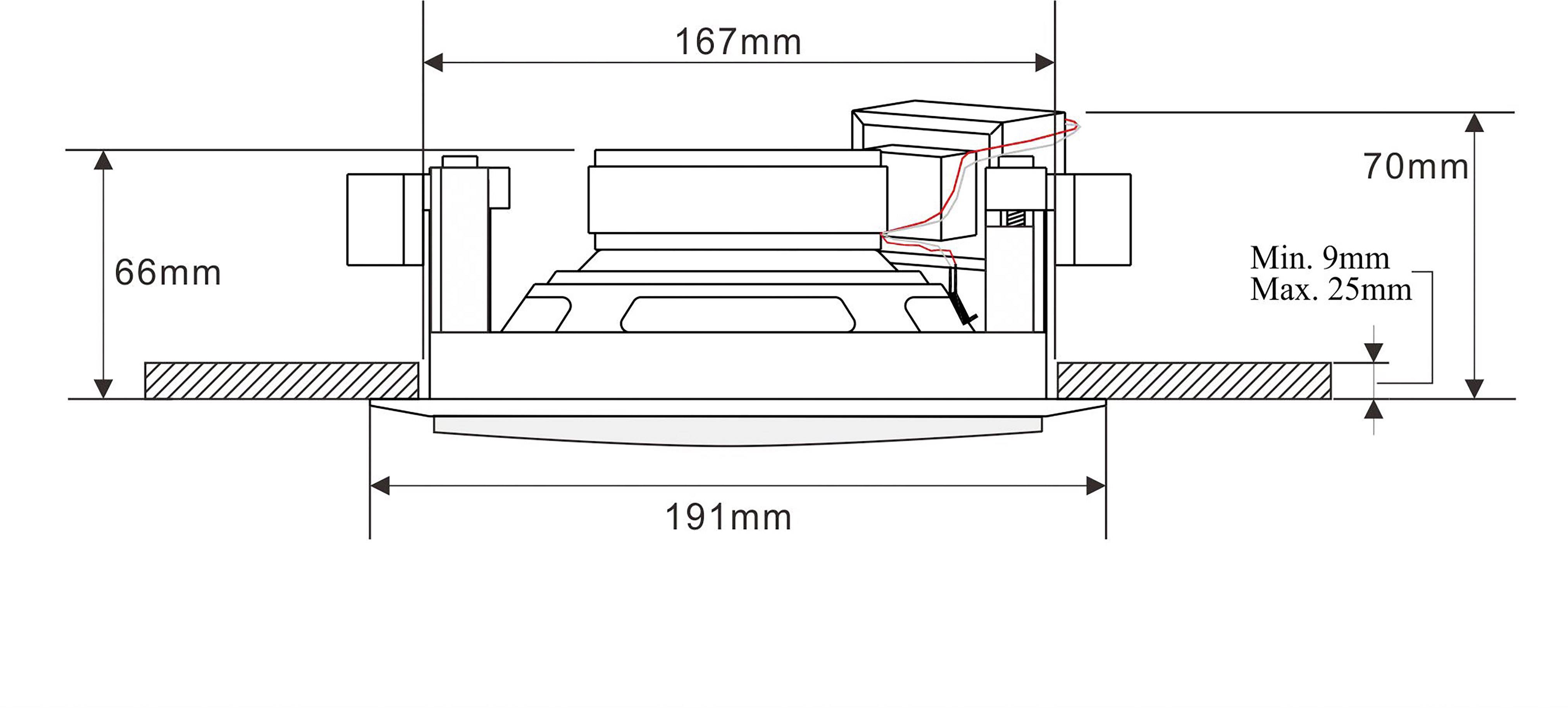 'Technický výkres vestavného reproduktoru: šířka 167 mm, výška 66 mm, celkový průměr 191 mm, montážní hloubka 70 mm.'