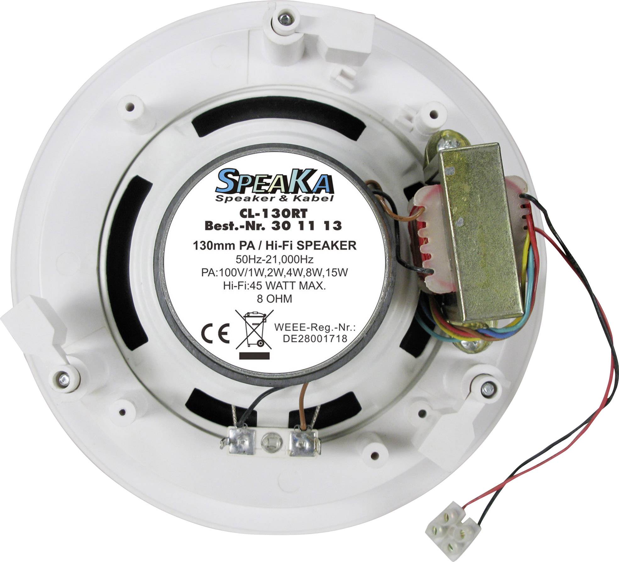 Reproduktor značky SpeaKa s modelovým číslem CL-130RT, vhodný pro audio výstup s 100V, výkonem 2W až 15W, impedancí 8 ohmů.