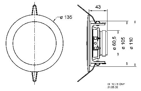Technický výkres kulatého reproduktoru s rozměry: celkový průměr 135 mm, vnitřní průměry 60,5 mm a 110 mm. Boční pohled ukazuje hloubku 43 mm.