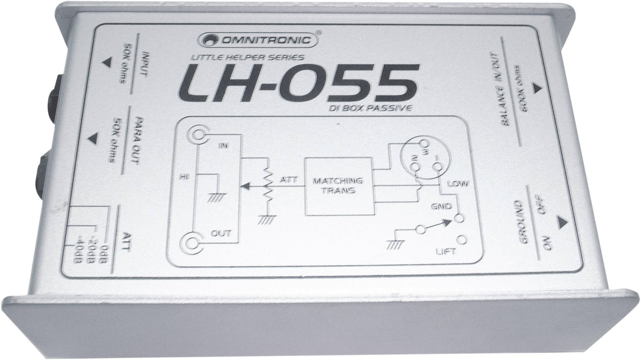 Kompaktní DI-box 'LH-055' od Omnitronicu s obvodovým schématem a možnostmi připojení na horní straně pro přenos audiosignálu.