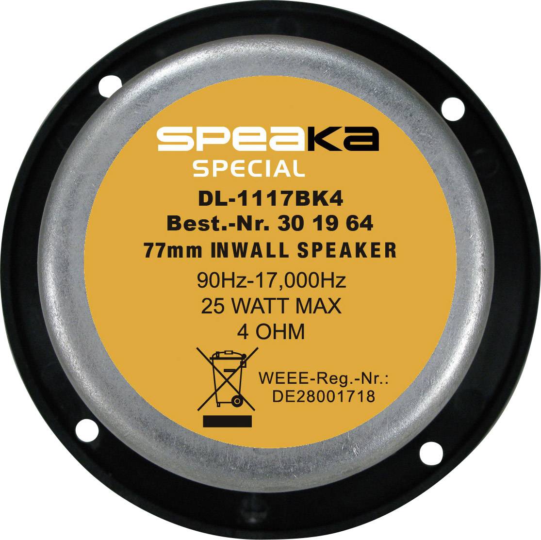Reproduktor 'Speaka Special' model DL-1117BK4, 77mm vestavný, 25 W, 4 Ω, frekvenční rozsah 90 Hz-17 000 Hz, Obj. č. 30 19 64.