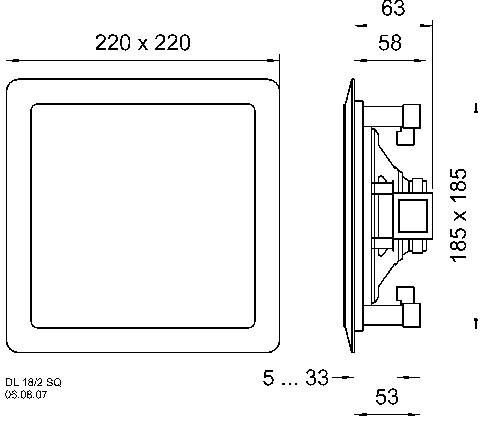 Technický výkres čtvercového vestavného rámu s rozměry 220 x 220 mm a boční hloubkou 53 mm.
