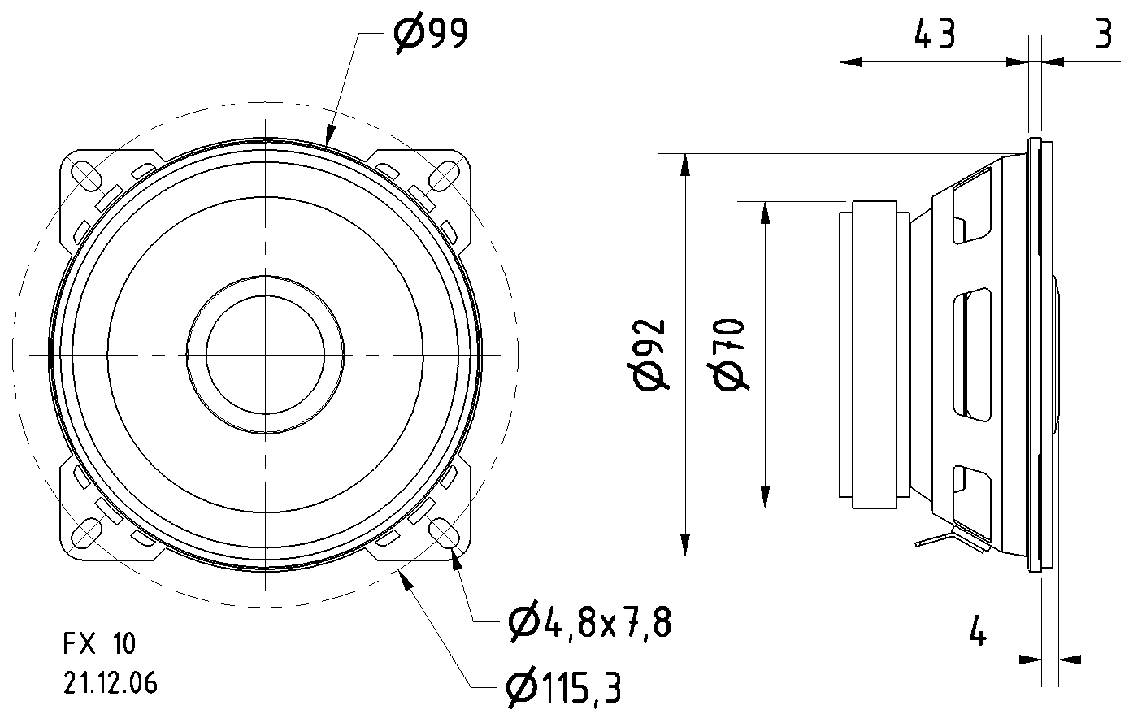 Technický výkres reproduktoru s rozměry: průměr ≤ 115,3 mm, hloubka 43 mm. Přední a boční pohled zobrazují detaily struktury.