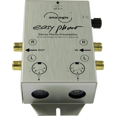 'Analogis easy phono' Stereofónní předzesilovač s vstupními a výstupními konektory, ovládacími prvky a připojovacími pokyny.