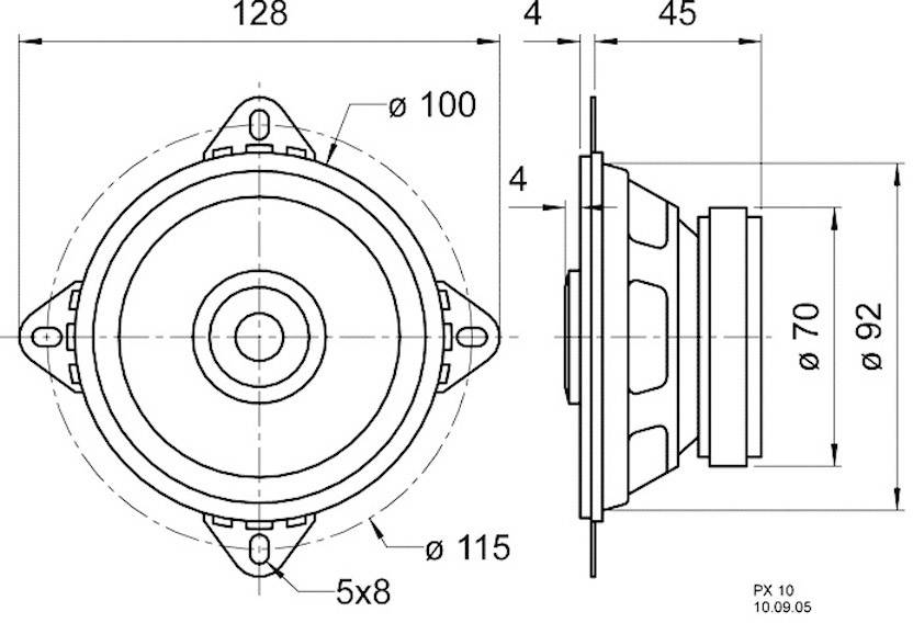 Technický výkres reproduktoru. Pohled zepředu a z boku s rozměry v milimetrech: průměr 100 mm, hloubka 45 mm.