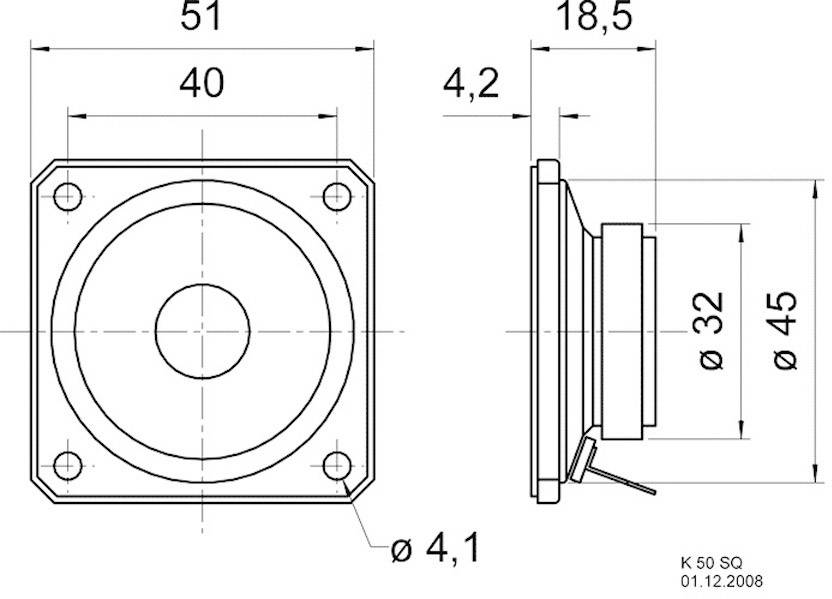 Technický výkres čtvercového reproduktoru s rozměry 51x51 mm. Boční a čelní pohledy s kótami.