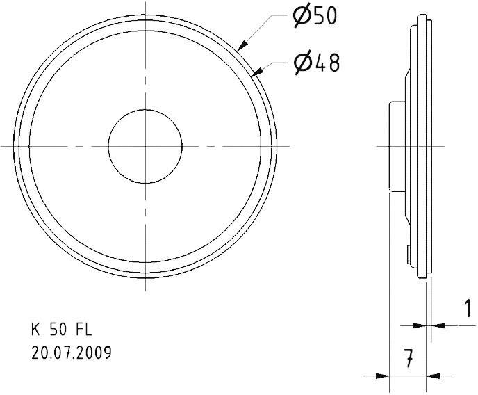 Technický výkres kruhové součásti s průměry 50 a 48 mm a bočním prostorovým pohledem, označený štítkem 'K 50 FL 20.07.2009'.