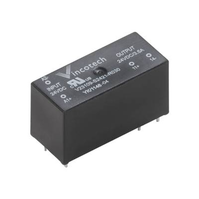 Obdélníkový elektronický díl s popiskem: Vincotech. Údaje ke vstupu a výstupu: 24V/DC, 0,5A.
