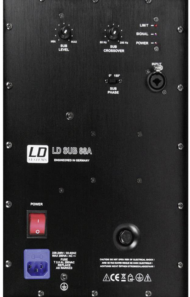 Zadní strana subwooferu LD Systems LD SUB 88A s ovládacími prvky pro úroveň hlasitosti, crossover a fázi, včetně připojení a přepínačů.