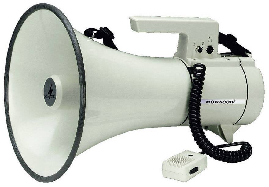 Bílý megafon s rukojetí a mikrofonem, propojené spirálovitým kabelem, zobrazený z předního pohledu.