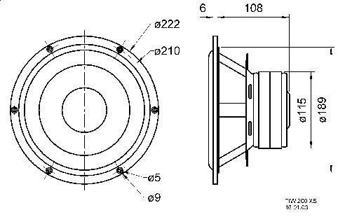 Technický výkres reproduktoru s průměry: 222 mm, 210 mm, 5 mm, 9 mm. Pohled z profilu ukazuje hloubku 115 mm, výšku 189 mm.