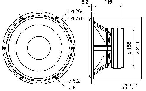 Technický výkres reproduktoru s rozměry: průměr 264 mm, hloubka 115 mm, průměr membrány 234 mm, rok výroby 2003.